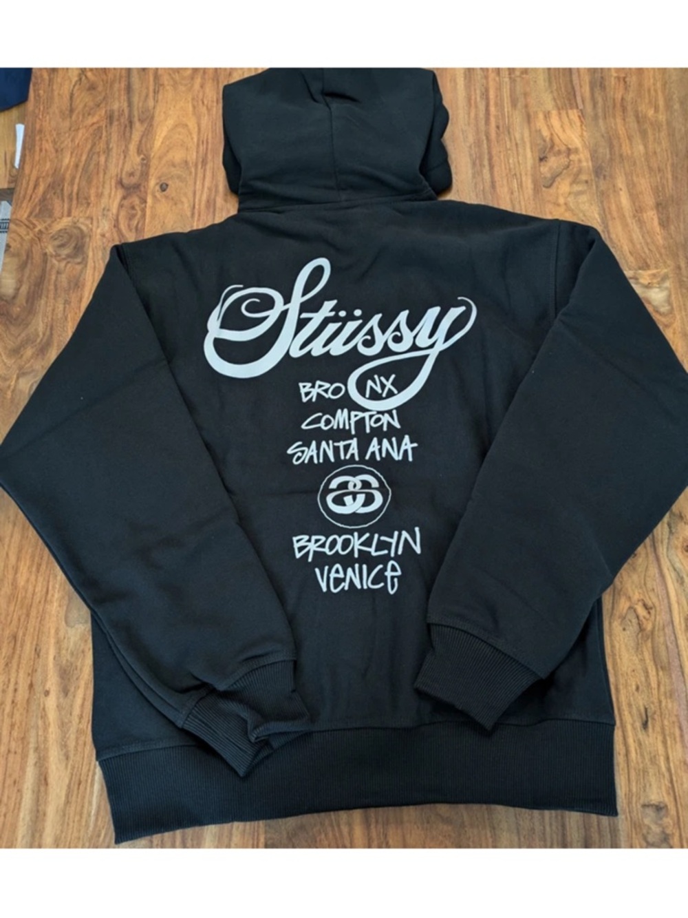 Stüssy Black Hoodie with White Graphic Back